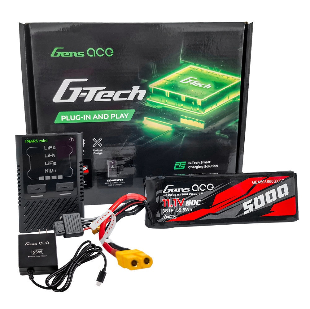 5000mAh 3S 11.1V 60C G-Tech Lipo Battery Pack With XT60 Plug + iMars mini G-Tech 60W RC Smart Charger - Charger Combo